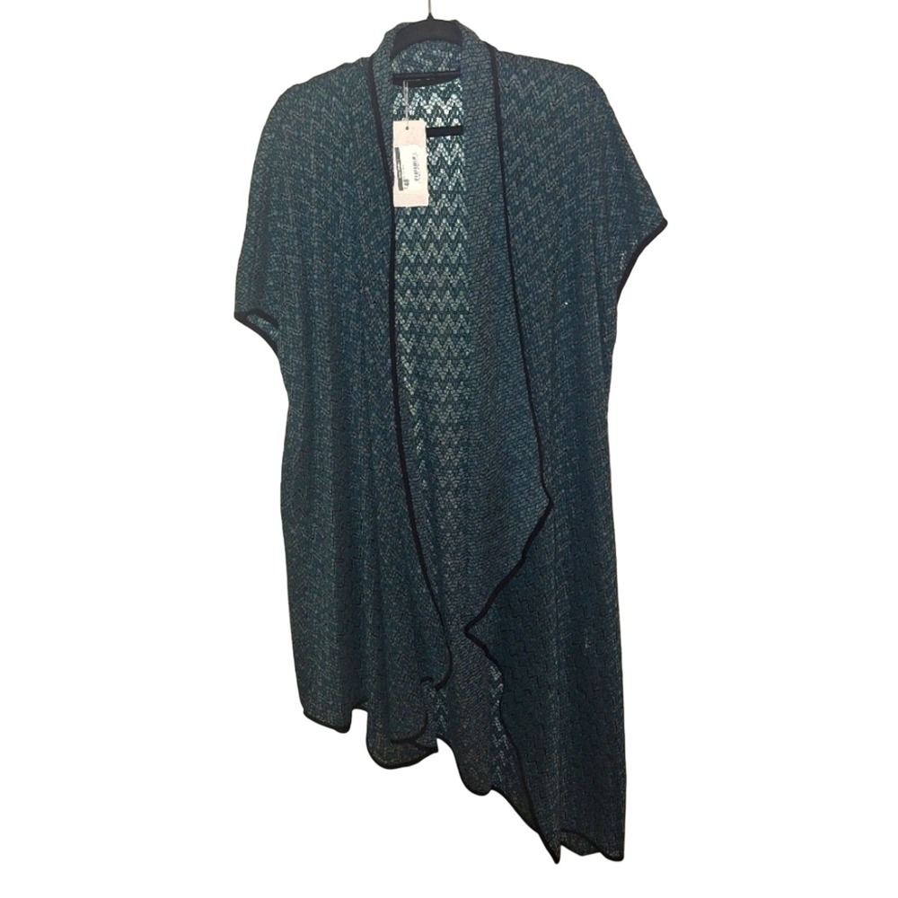 WAME Teal Black Geometric Lace Knit Open Front Cardigan Jacket Womens Size 2 NEW